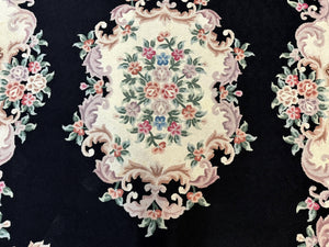 Aubusson Rug 8x11, Black and Ivory, Hooked Rug, Vintage, Wool