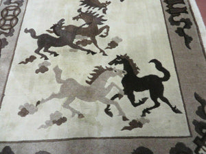 4' X 6' Modern Tibetan Nepal Art Deco Chinese Hand Knotted Wool Rug Horses Nice