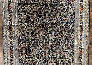 Silk Indian Kashmiri Rug 5x7, Navy Blue Indo Persian Silk Carpet 5 x 7 ft, Hand Knotted Handmade Very Fine Oriental Carpet, 450 KPSI, Birds