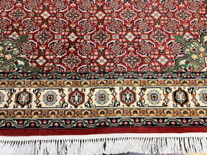 Persian Tabriz Rug 7x10, Wool Hand Knotted Vintage Carpet, Red Green & Cream, Herati Pattern, 7 x 10 Room Sized Oriental Rug