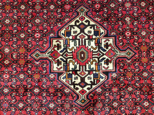 Vintage Persian Hamedan Rug 7x10, Angelas Mahi Pattern, Red, Wool, Hand-Knotted