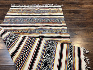 South American Kilim Rug 4x7 ft, Wool Handmade Vintage Carpet, Ivory Black Multicolor Stripes, Bohemian Blanket Rug, Flatweave Area Rug