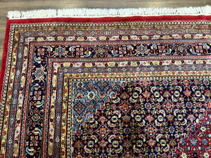 Indo Persian Bidjar Rug 10x14, Red and Dark Blue, Herati Mahi Pattern, Vintage