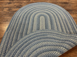 American Oval Braided Rug 5x8 Wool Handmade Vintage Carpet, Multicolor, Blues Gray Cream