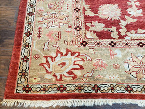 Peshawar Rug 9.5 x 10.8, Almost Square Size, Red and Beige Chobi Sultanabad Rug, Shah Abbas Flowers, Wool Handmade, Vintage Oriental Carpet