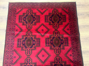 Afghan Rug 4x7, Tribal Carpet, Balouch Rug, Red and Navy Blue, Repeated Medallions, New