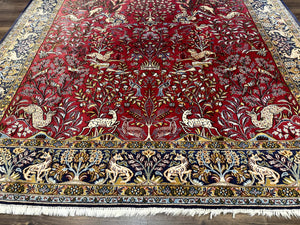 Persian Qum Rug 9x12, Animal Pictorials, Deer Birds, Tree of Life, Red and Navy Blue