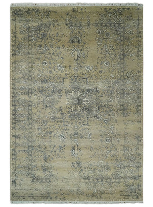 6x9 Fine Hand Knotted Beige and Black Traditional Vintage Persian Style Antique Wool Rug