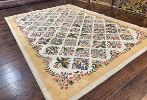 Power Loomed Rug 8x11, Ivory and Multicolor Floral Panel Pattern, Flowers, Butterflies, Vintage
