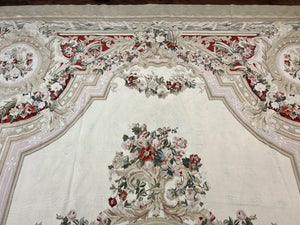 Large Aubusson Rug 11x17, Wool Handmade Vintage Carpet, Ivory Beige, French European Elegant Design, Palace Size Rug