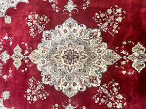 Pak Persian Rug 9x12, Handmade Vintage Traditional Wool Carpet, Floral Medallion, Dark Red Ivory/Cream, Fine 250 KPSI