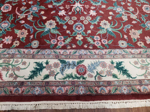 Indo Persian Rug 7.9 x 9.9 ft, Room Sized Indian Carpet, Wool Handmade Vintage Rug, Allover Floral Rug, Traditional Rug, Red Ivory Blue 8x10