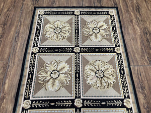 Needlepoint Runner Rug 3x8 Panel Design Rug, Flatweave Runner Rug, English Design, Floral, Short Runner Rug, Black and Beige Wool Hand-Woven