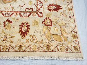 Vintage Oushak Area Rug, Hand-Knotted, Wool, Cream Beige Maroon, 10x15 Rug, 10x14 Rug, Large Oriental Carpet