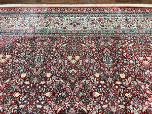 Pak Persian Rug 11x15, Wool & Silk Highlights Hand Knotted Vintage Carpet, Red Cream, Floral Allover, Oversized Kirman Rug