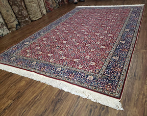 Vintage Turkish Sivas Area Rug 6.5 x 9.5, Wool Hand-Knotted Red & Midnight Blue Allover Floral Pattern Oriental Carpet, 6x9 Traditional Rug
