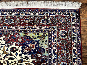 Wonderful Persian Isfahan Rug 7x9, Ivory Navy Blue Red, Floral Medallion, Very Finely Hand Knotted 260 KPSI, Handmade Wool Vintage Rug