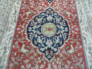 6' X 9' Vintage Handmade India Oriental Floral Wool Rug Hunting Bird Deer Nice