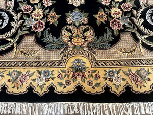Aubusson Rug 9x12, Black and Beige, Floral, Elegant Handmade French European Design Carpet