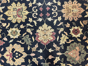 Indo Persian Rug 10x14, Wool Handmade Room Sized Floral Oriental Carpet, Indian Mahal Flatweave Rug, Black Beige