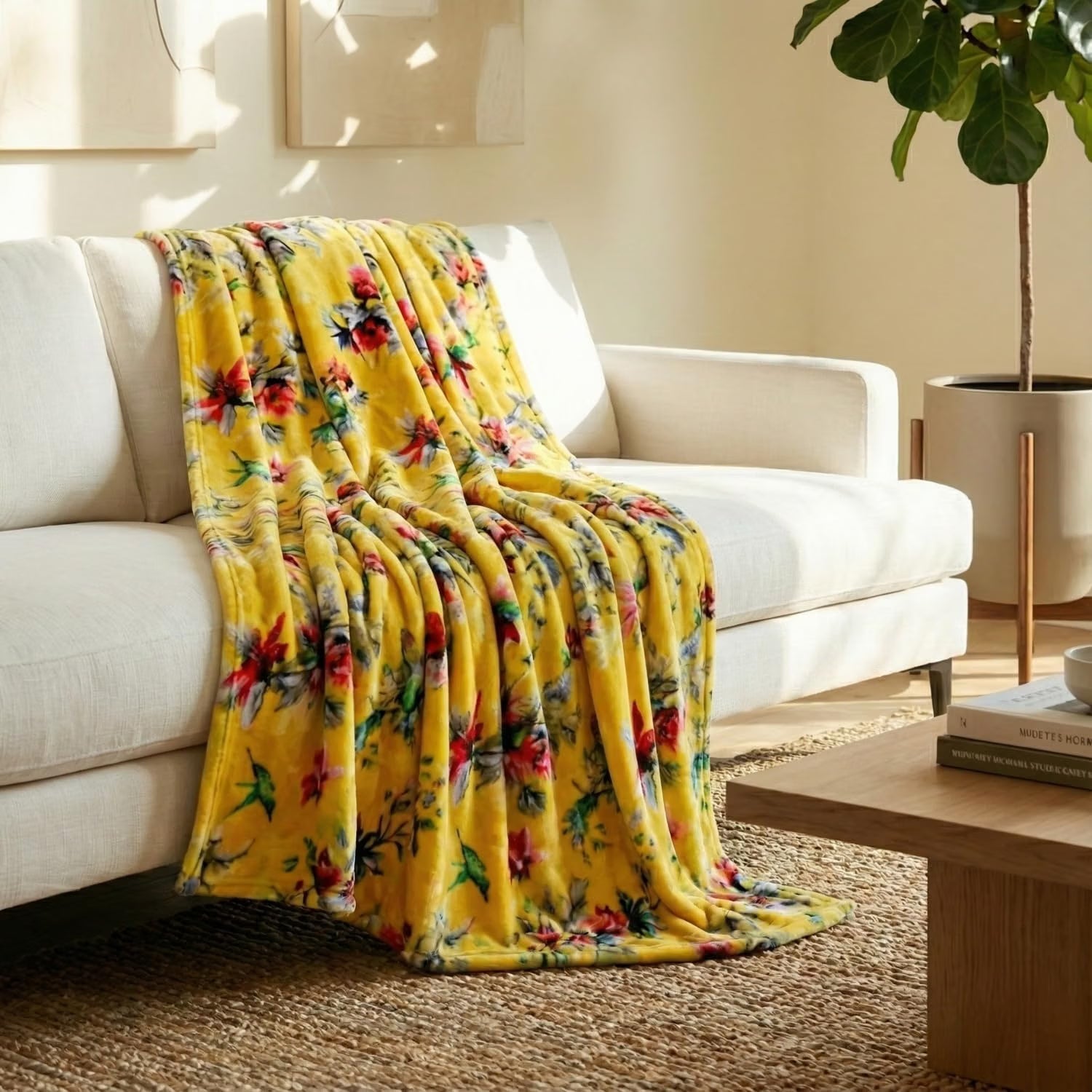 DaDa Bedding Yellow Farmhouse Rustic Spring Floral Hummingbirds Soft Fleece Throw Blanket (925)
