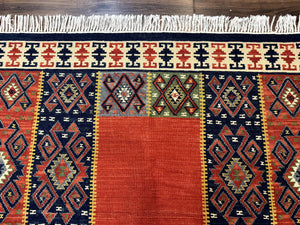 Turkish Kilim Rug 5x8, Flatweave Carpet, Handmade Bohemian Rug, Terracotta and Navy Blue