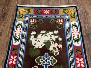 Chinese Peking Rug 3x5 with Animal Pictorial, Brown Ivory Gold Red, Handmade Vintage Chinese Carpet, Art Deco Rug, Unique Asian Oriental Rug