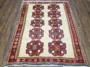 Vintage Persian Gabbeh Rug, Dark Red & Cream, Hand-Knotted, 5' x 6' 4"