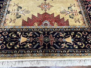 Indo Persian Heriz Rug 8x12, Camel Hair Tan and Navy Blue, Decorative