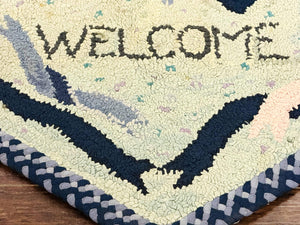 Small American Hooked Rug, Vintage Welcome Mat, Heart Shaped, Ivory and Blue