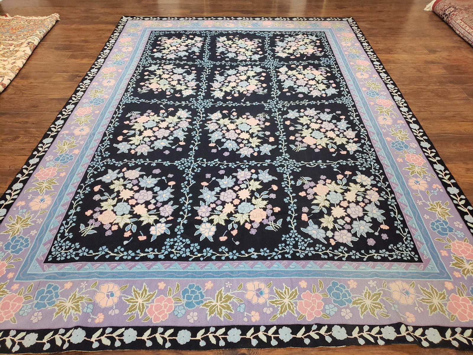 Chinese Needlepoint Rug 8 x 11.4, Hand-Woven Area Carpet, Flatweave Rug, Black Blue Light Violet Floral Garden European Design Wool Aubusson