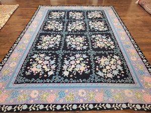 Chinese Needlepoint Rug 8 x 11.4, Hand-Woven Area Carpet, Flatweave Rug, Black Blue Light Violet Floral Garden European Design Wool Aubusson