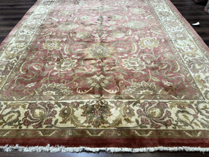 Indian Rug 8x11, Coral and Beige, Floral, Traditional Vintage Wool Carpet