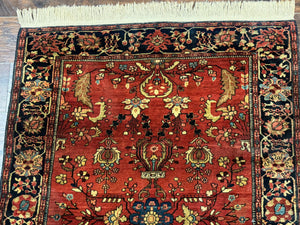 Antique Persian Farahan Sarouk Rug 3.6 x 5, Red, Floral, Traditional Rug, Fine 210 KPSI