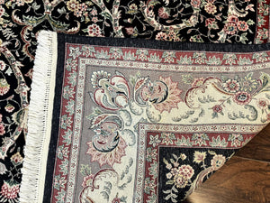 Black Pak Persian Rug 8x11, Floral Pattern, Hand Knotted Vintage Wool Rug with Silk Highlights, Fine 200 KPSI