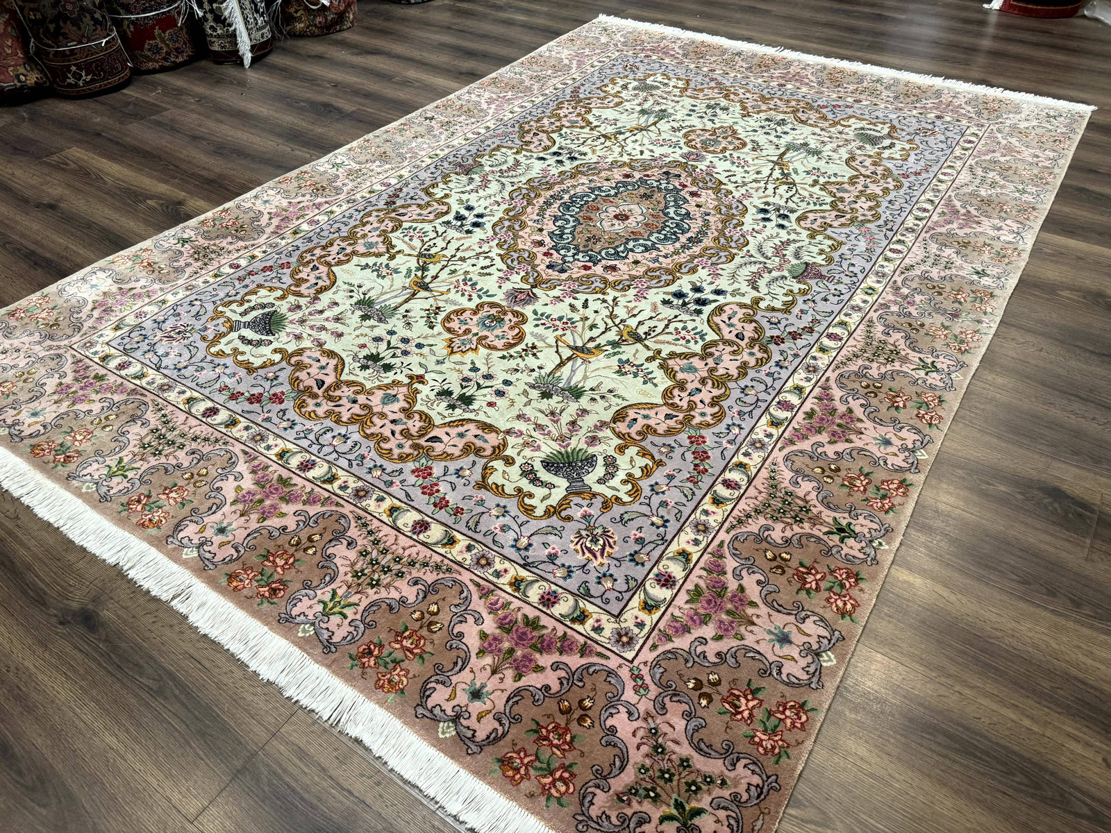 Wonderful Persian Tabriz Rug 7x10, Very Fine 330 KPSI, Light Green Light Blue Pink, Kork Wool Silk Foundation, Bird Pictorials