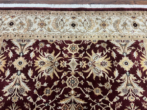 Vintage Indo Mahal Rug 8x10, Hand Knotted Wool Maroon & Beige Indian Agra Oriental Carpet, 8x10 ft Traditional Handmade Area Rug, Room Sized
