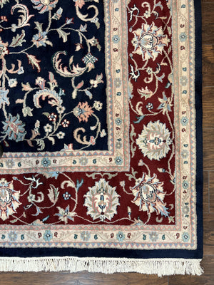 Indo Perisan Rug 9x12, Floral Allover, Midnight Blue and Dark Red Room Sized Carpet 9 x 12 ft, Hand Knotted Wool Vintage Indian Oriental Rug