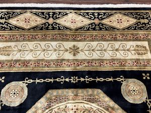 Tibetan Rug 8x10, Nepali Area Rug, Soft New Zealand Wool Carpet 8 x 10 ft, Black Tan Beige, Vintage Handmade Rug, French Aubusson Pattern