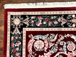 Chinese Aubusson Rug 9x12, Burgundy, Handmade Vintage Wool Carpet, Fine 210 KPSI, Elegant European Design