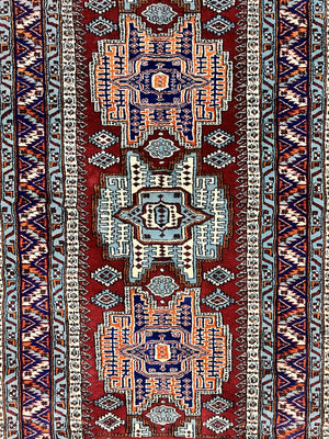 Pakistani Rug 3x5 ft, Caucasian Kazak Design, Geometric Rug, Small Vintage Oriental Carpet, Dark Red Vintage Handmade Wool Rug 3 x 5