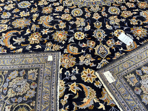 Wonderful Navy Blue Persian Kashan Rug 11x13, Allover Floral Design with Central Medallion, Wool Hand-Knotted Antique Carpet, Signed Rabani Rug