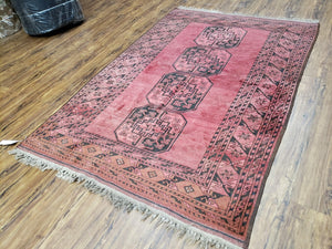 Antique Bukhara Area Rug, Vintage Afghan Bokhara Bashir Rug, 4x6 Hand-Knotted Oriental Carpet, Red & Black Wool Rug, 4' x 5'9