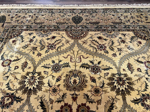 Indo Persian Mahal Rug 10x14, Wool Hand Knotted Oriental Carpet, Cream Floral Allover, Vintage Area Rug 10 x 14, Traditional Rug, Handmade