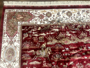 Turkish Silk Rug 8x10, Red & Ivory, Hunting Design, Bamboo Silk, New