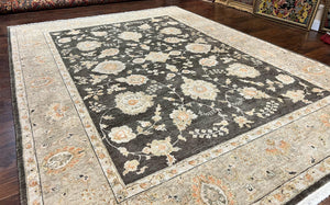 Indo Persian Rug 9x12, Sultanabad Indian Carpet, Dark Brown, Hand Knotted Vintage Wool Rug