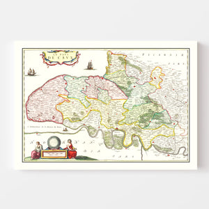 Vintage Map of Pays de Caux, France 1665