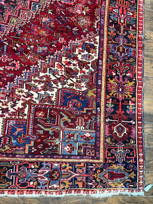 Persian Heriz Rug 9x11 ft, Geometric Rug 9 x 11, Red Room Sized Semi Antique Vintage Wool Hand Knotted Oriental Carpet