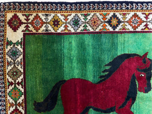 4 X 7 Handmade Rug Zagros Quality Wool Pictorial Horses Green Butterfly Colorful