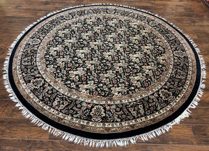 Round Oriental Rug 8x8 ft, William Morris Floral Pattern Carpet, 8 x 8 ft Round Rug, Black Cream and Tan 8ft Round Handmade Indo Persian Rug
